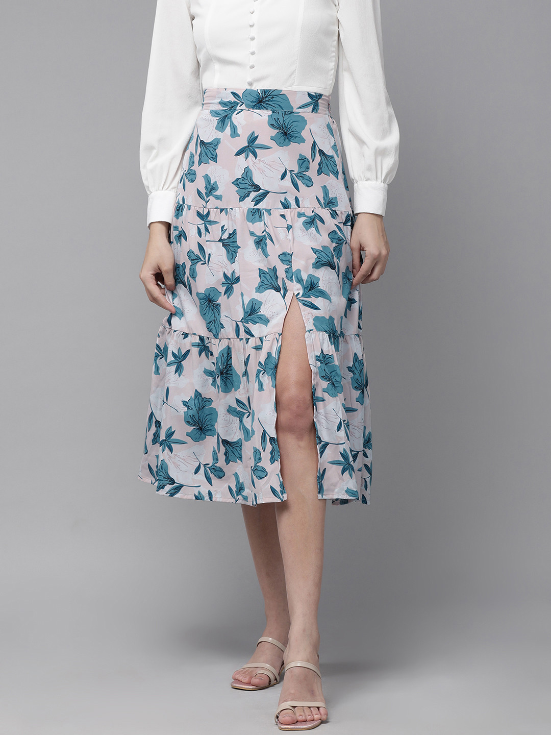 RARE Women Beige & Teal Blue Floral Print Tiered High-Slit Midi A-Line Skirt