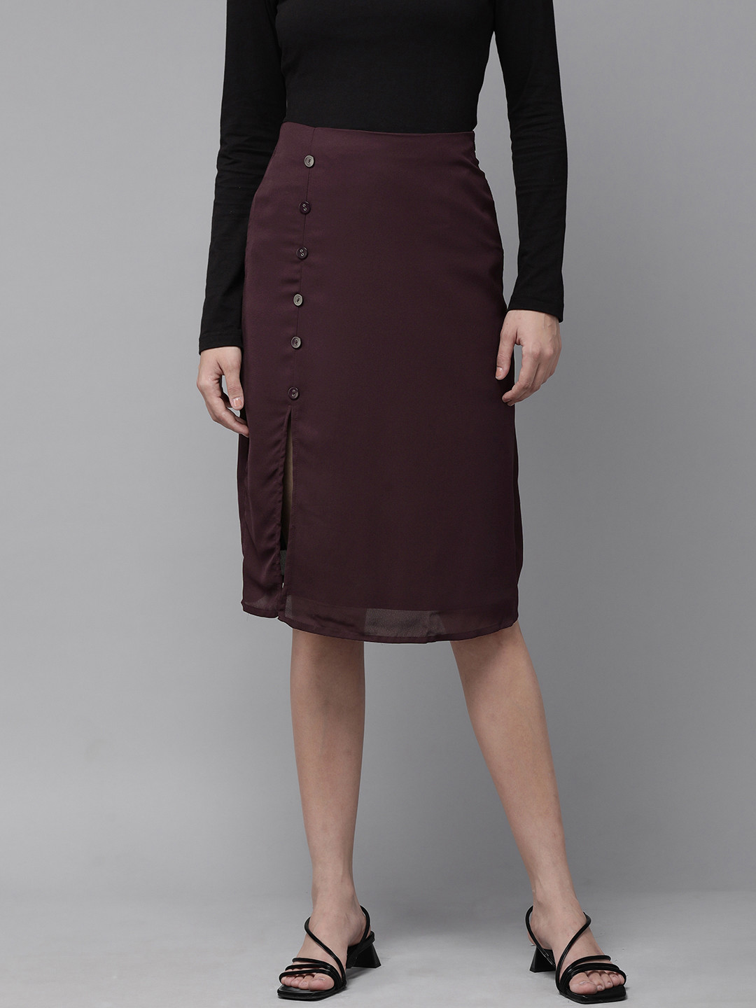RARE Women Burgundy Solid High-Slit Midi A-Line Skirt