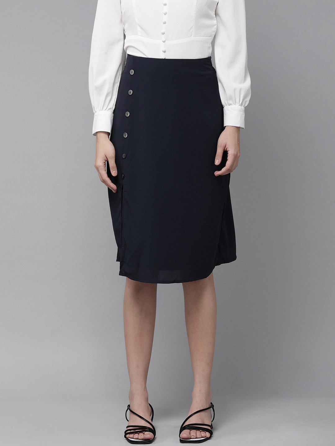 RARE Women Navy Blue Solid High-Slit Midi A-Line Skirt