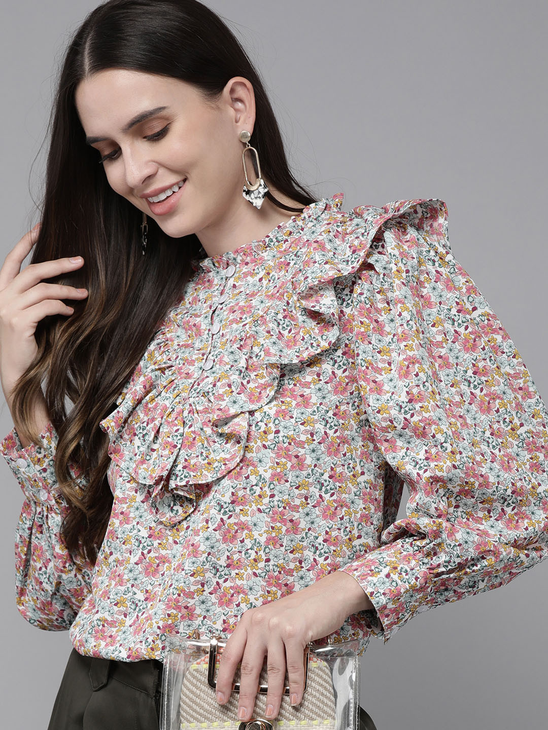 RARE Multicoloured Floral Print Ruffles Victorian Top