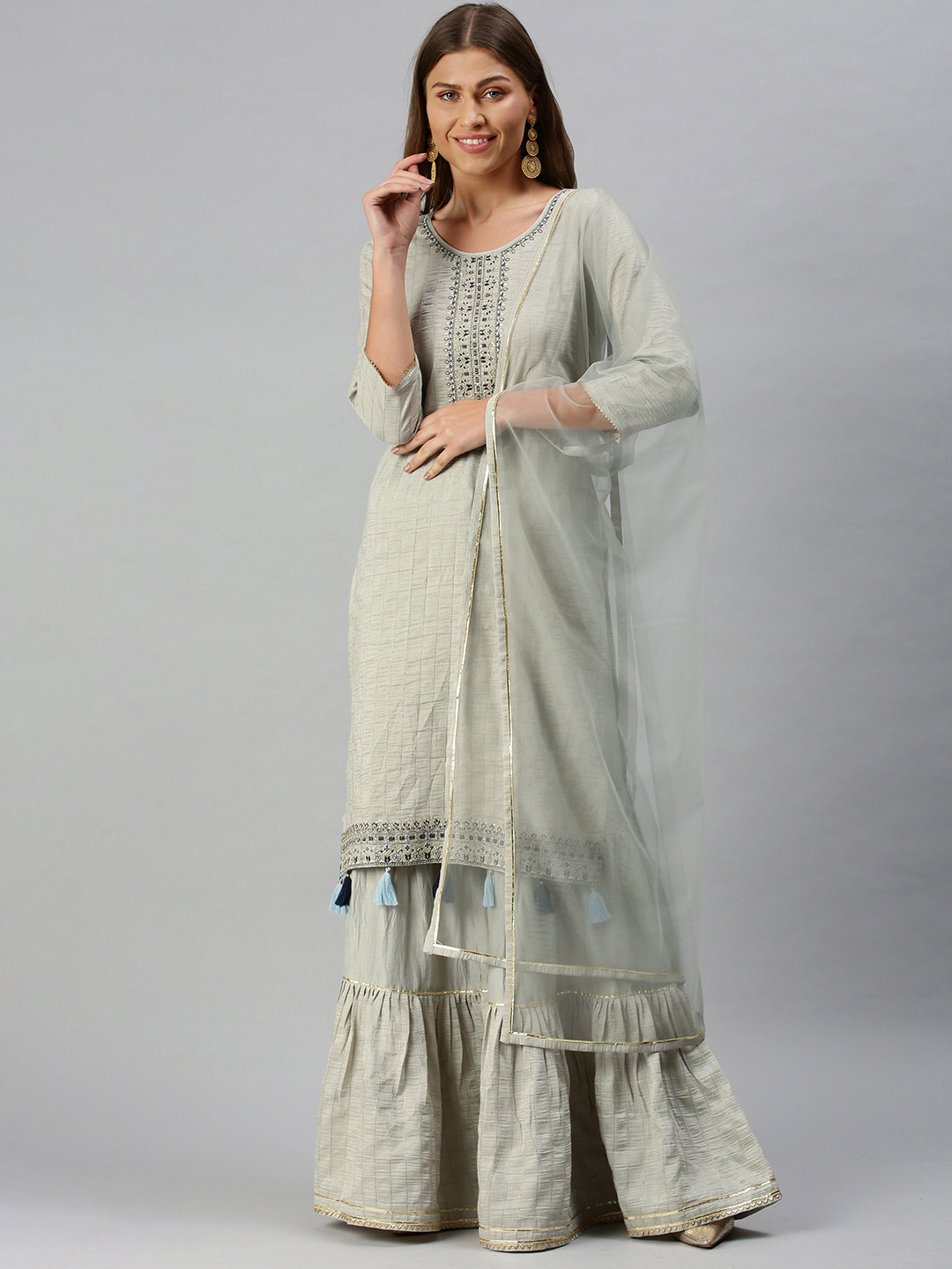 SheWill Women Grey Self-Checked Thread Work Kurta with Sharara & Dupatta