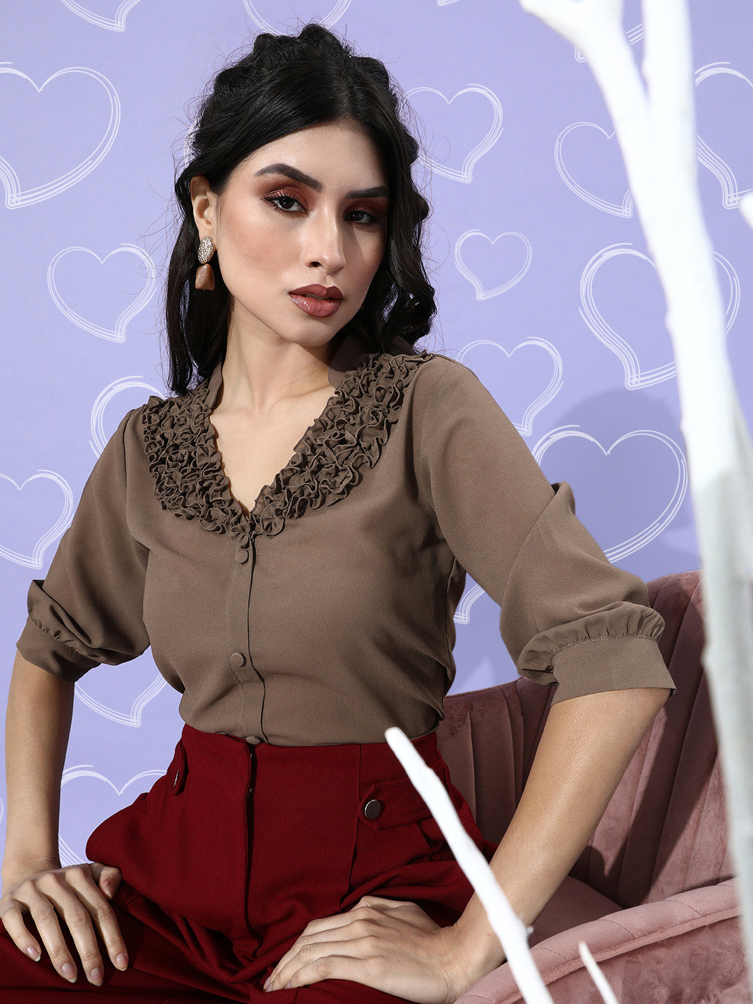 MISH Women Alluring Brown Solid Ruffled Top