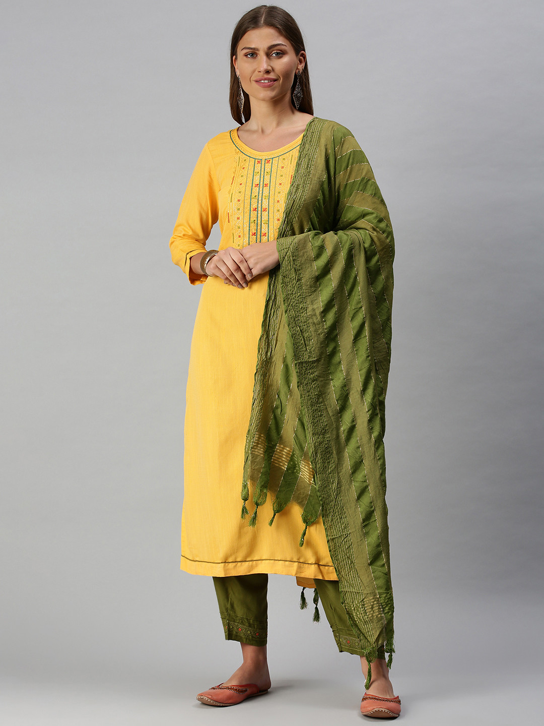 SheWill Women Yellow & Green Embroidered Kurta with Trousers & Dupatta