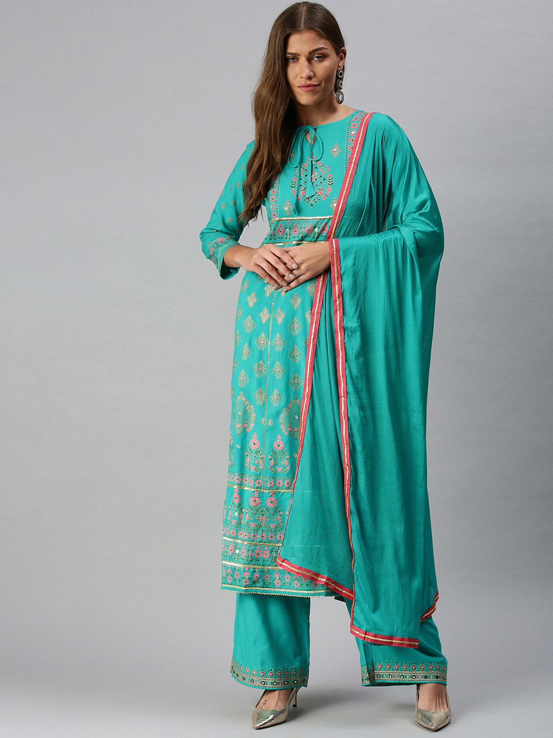 SheWill Women Turquoise Blue Foil Print Mirror-Work Kurta with Palazzos & Dupatta