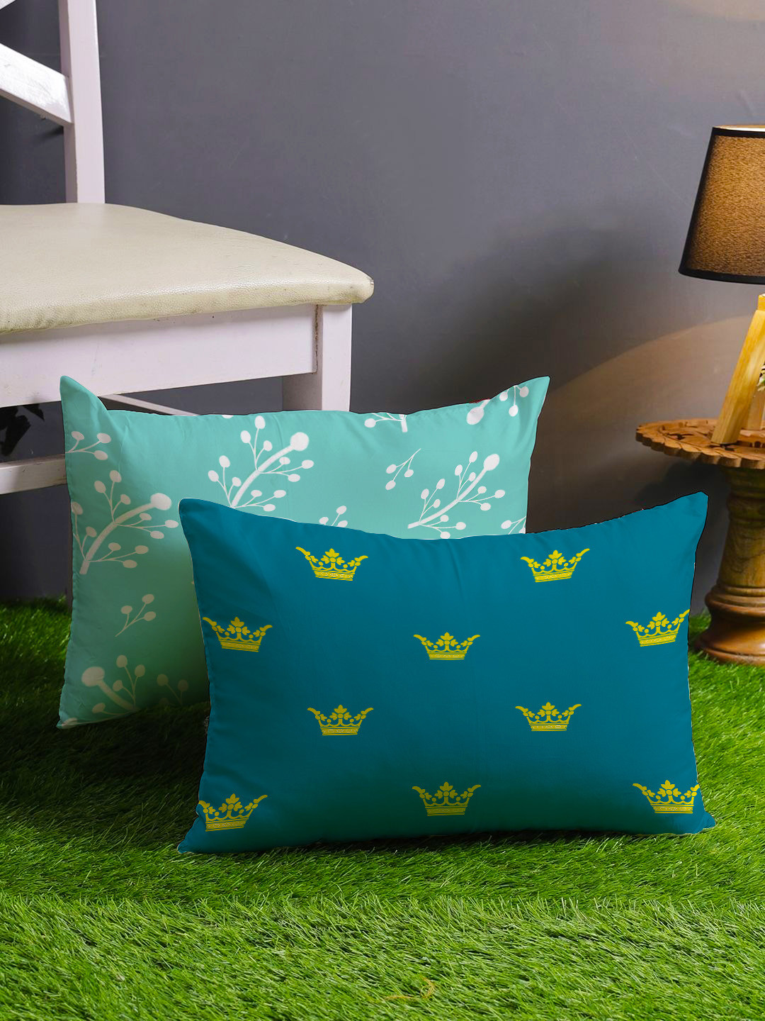 STITCHNEST Crown Floral Cotton 2 Pcs Rectangle Cushion Covers - 12 x 18 In