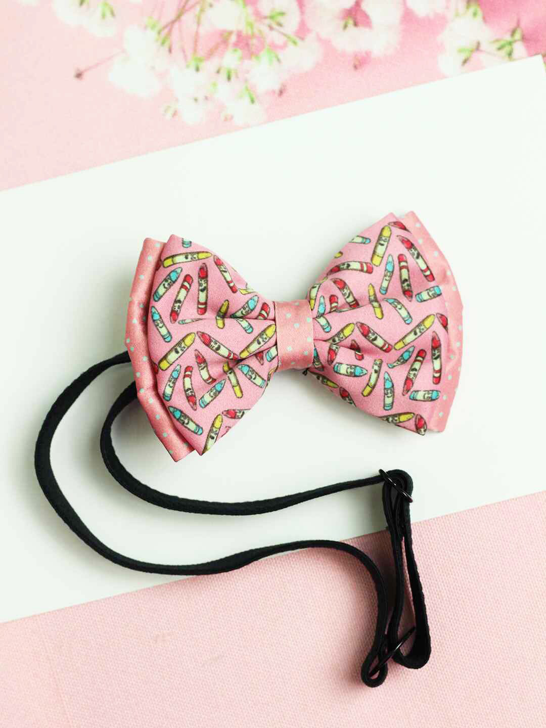 Tossido Girls Pink & Black Crayons Layered Bow With Adjustable Elastic Headband