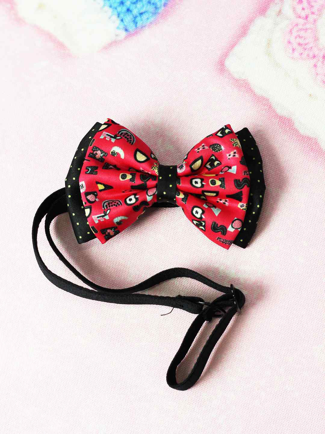Tossido Girls Red & Black Fruity Alphabets layered Bow with Adjustable Elastic Hairband