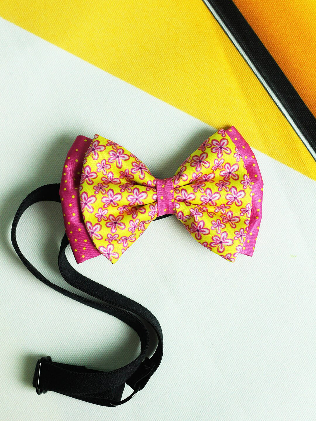 Tossido Girls Yellow & Pink Printed Layered Bow With Adjustable Elastic Hairband