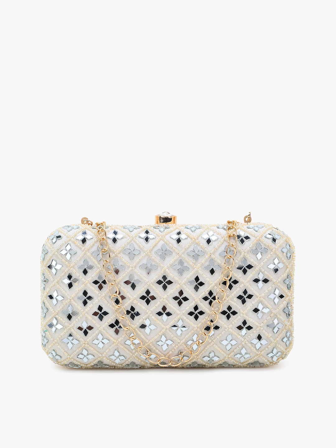 Anekaant Off White & White Embellished Box Clutch