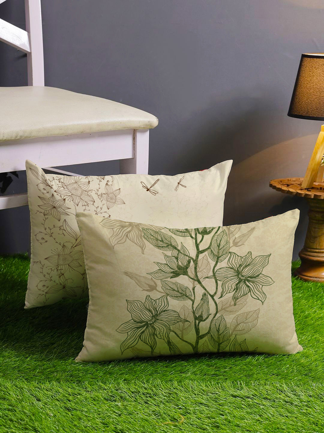 STITCHNEST Cream Floral Polyester Silk Washable 2 Piece Rectangle Cushion Covers -12x18In