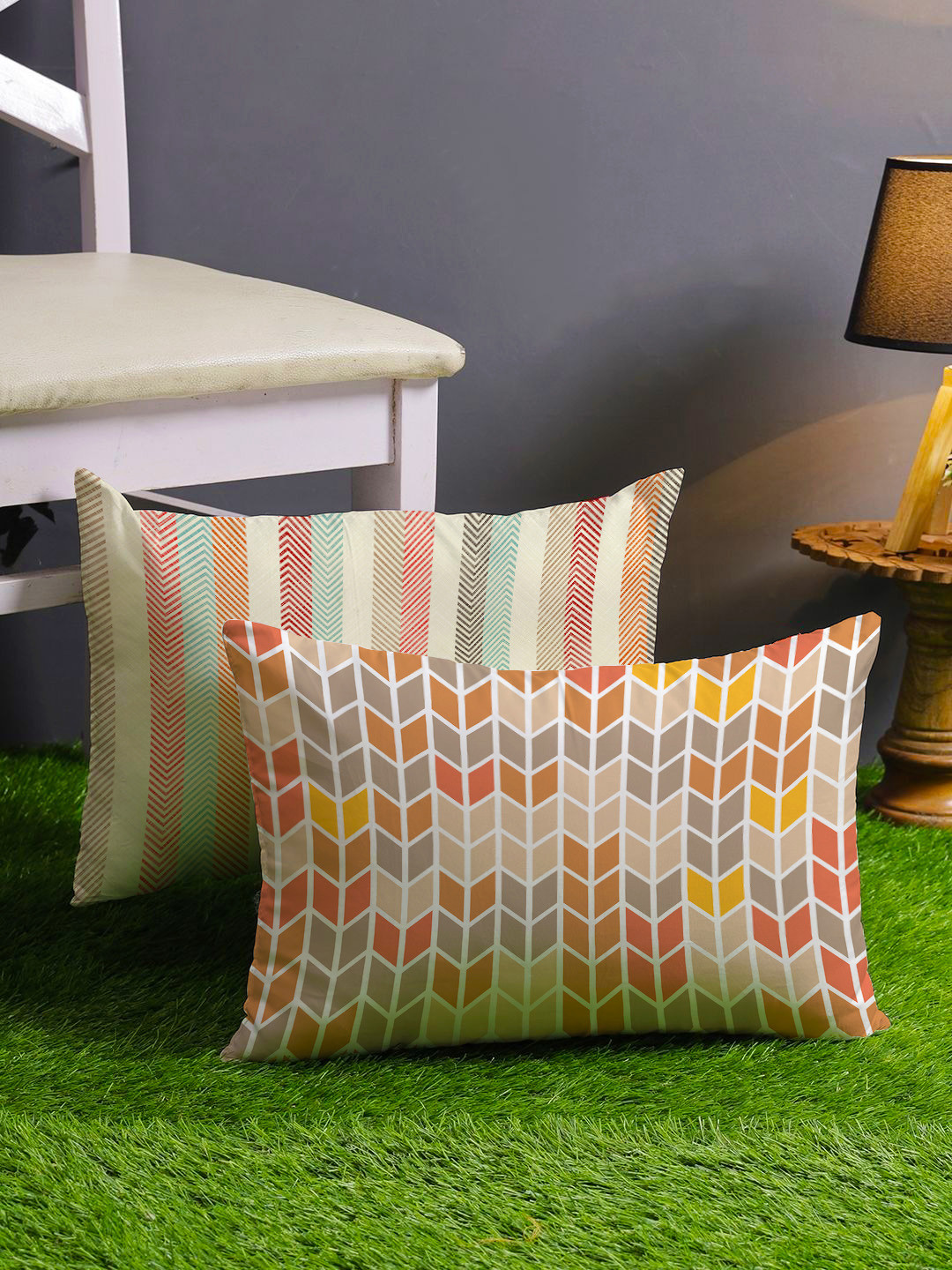 STITCHNEST Set of 2 Yellow Geometric 12'' x 18'' Cushion Cover