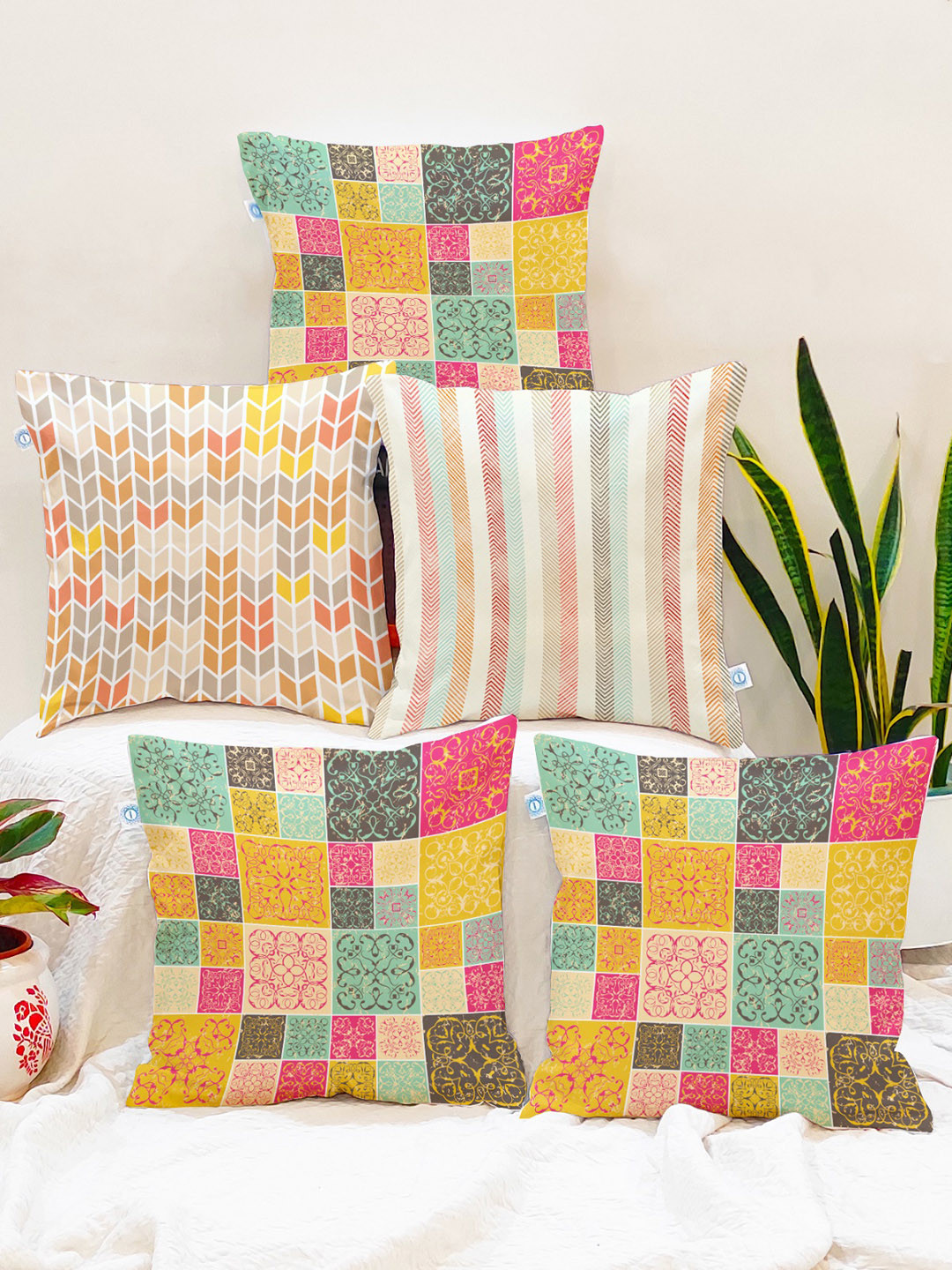 STITCHNEST Band Ethnic Motifs Cotton 5 Pcs Square Cushion Covers - 16 x 16 In