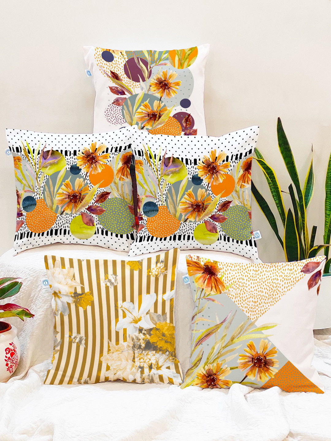 STITCHNEST Blaze Floral Cotton Lightweight 5 Pcs Rectangle Cushion Covers - 16 x 8 In