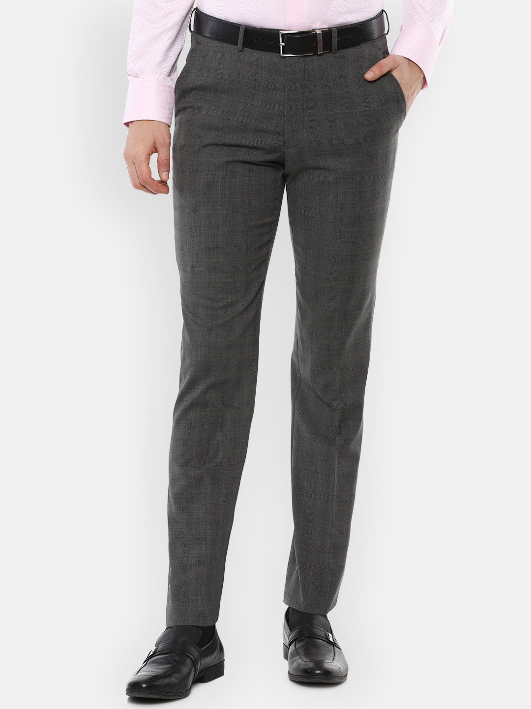 Luxure by Louis Philippe Men Grey Checked Slim Fit Trousers