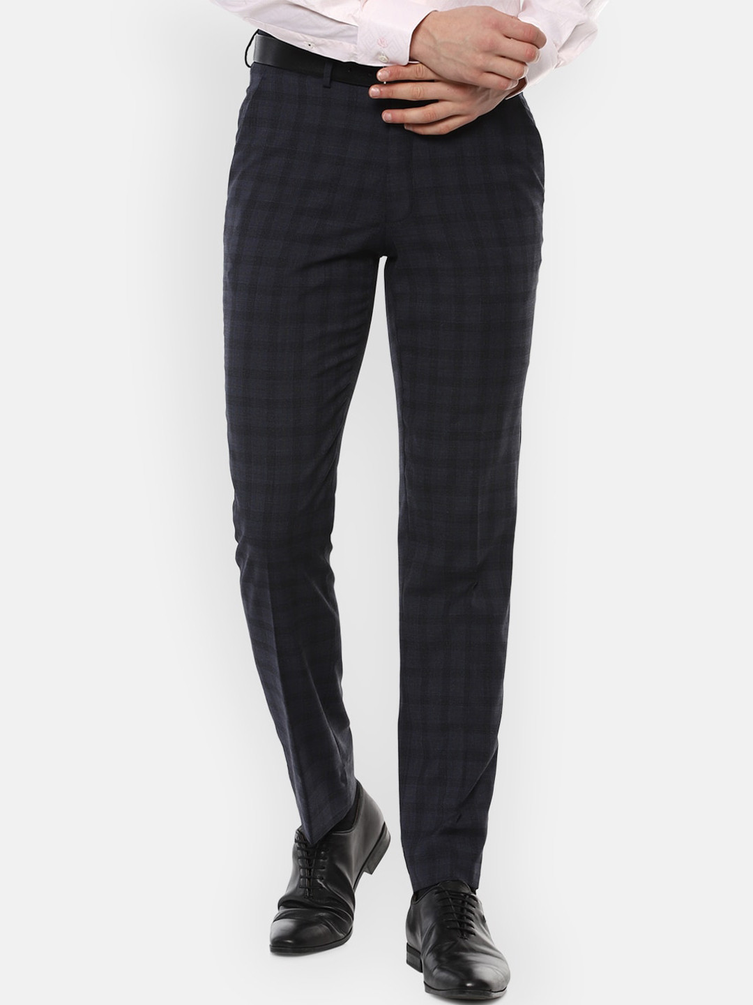 Luxure by Louis Philippe Men Navy Blue Checked Slim Fit Trousers