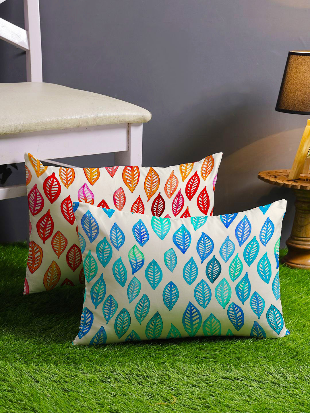 STITCHNEST Set of 2 Red & Blue Printed 12'' x 18'' Cushion Cover