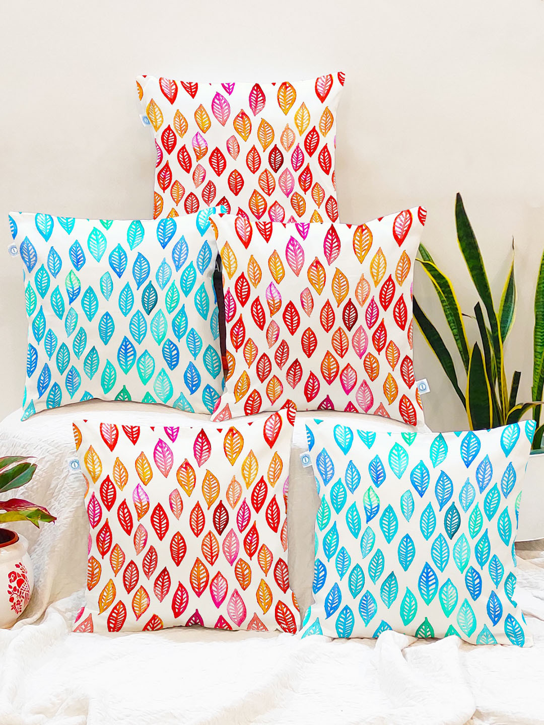 STITCHNEST Fragrance Red Leaf Cotton Lightweight 5 Pcs Square Cushion Covers - 12 x 12 In