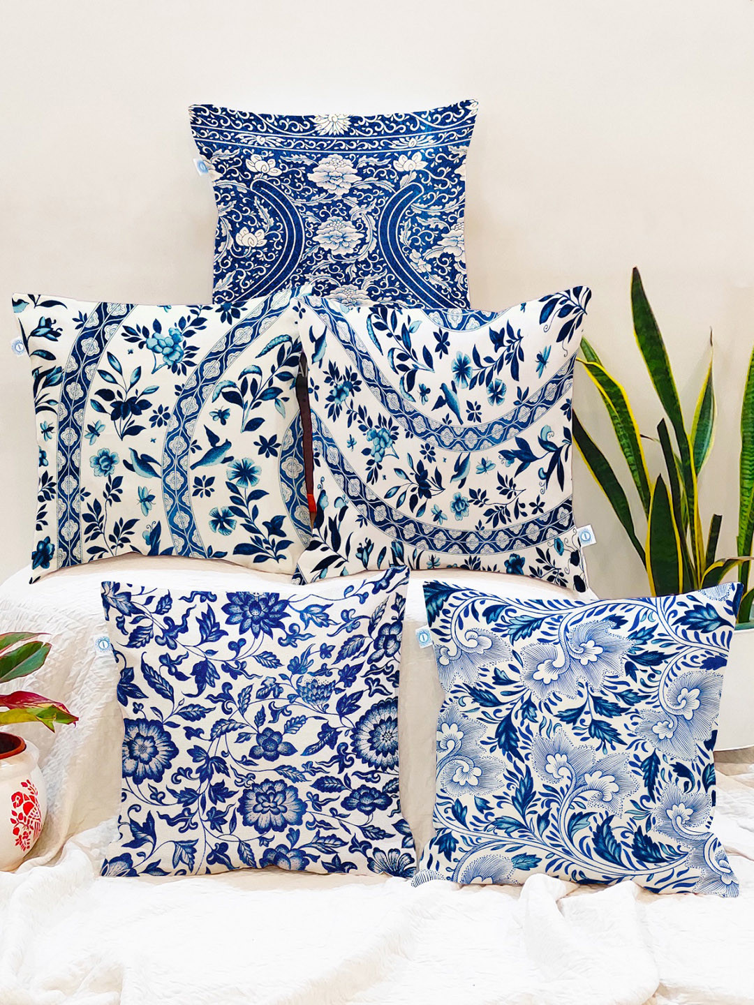 STITCHNEST Blue Floral Polyester Silk Breathable 5 Piece Square Cotton Cushion Covers