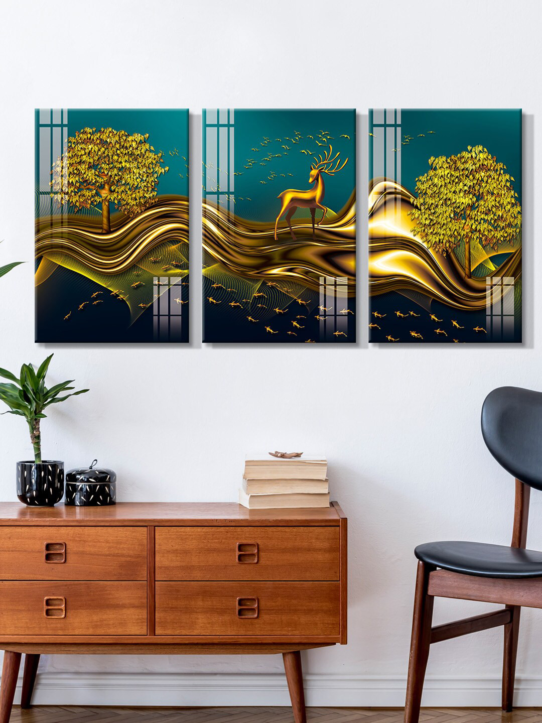 999Store Golden Deer With Tree Canvas 3 Piece Rectangle Paintings Wall Art - 18 x 30 In