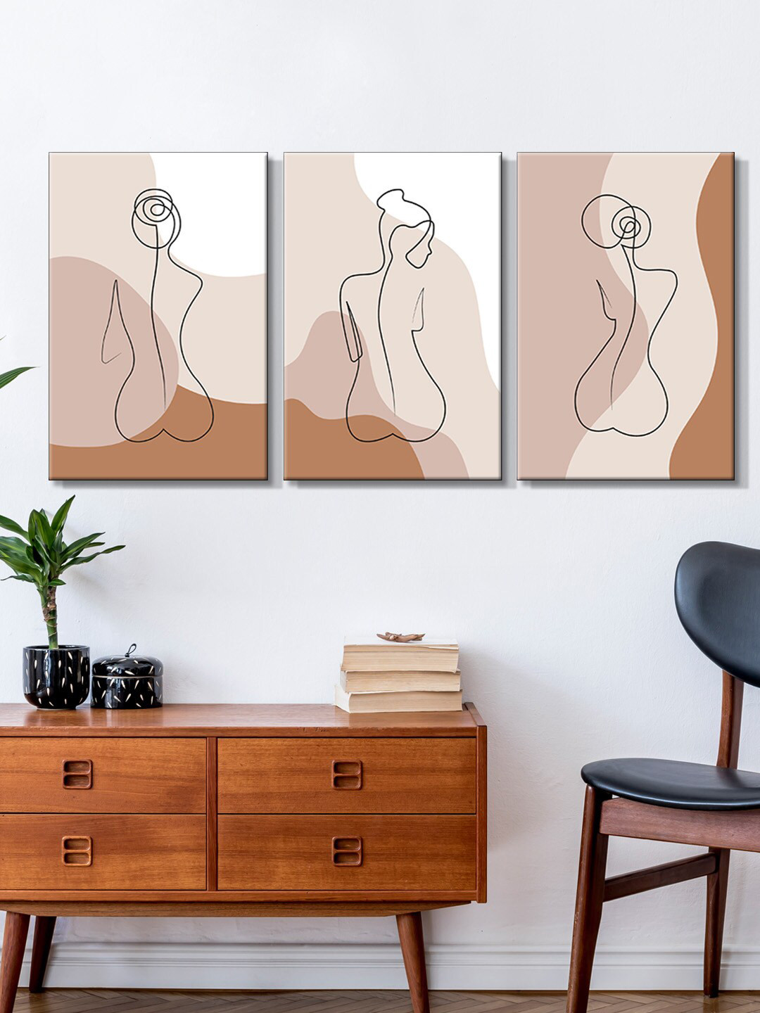 999Store Set Of 3 Brown Line Art Abstract Canvas Wall Art Painting