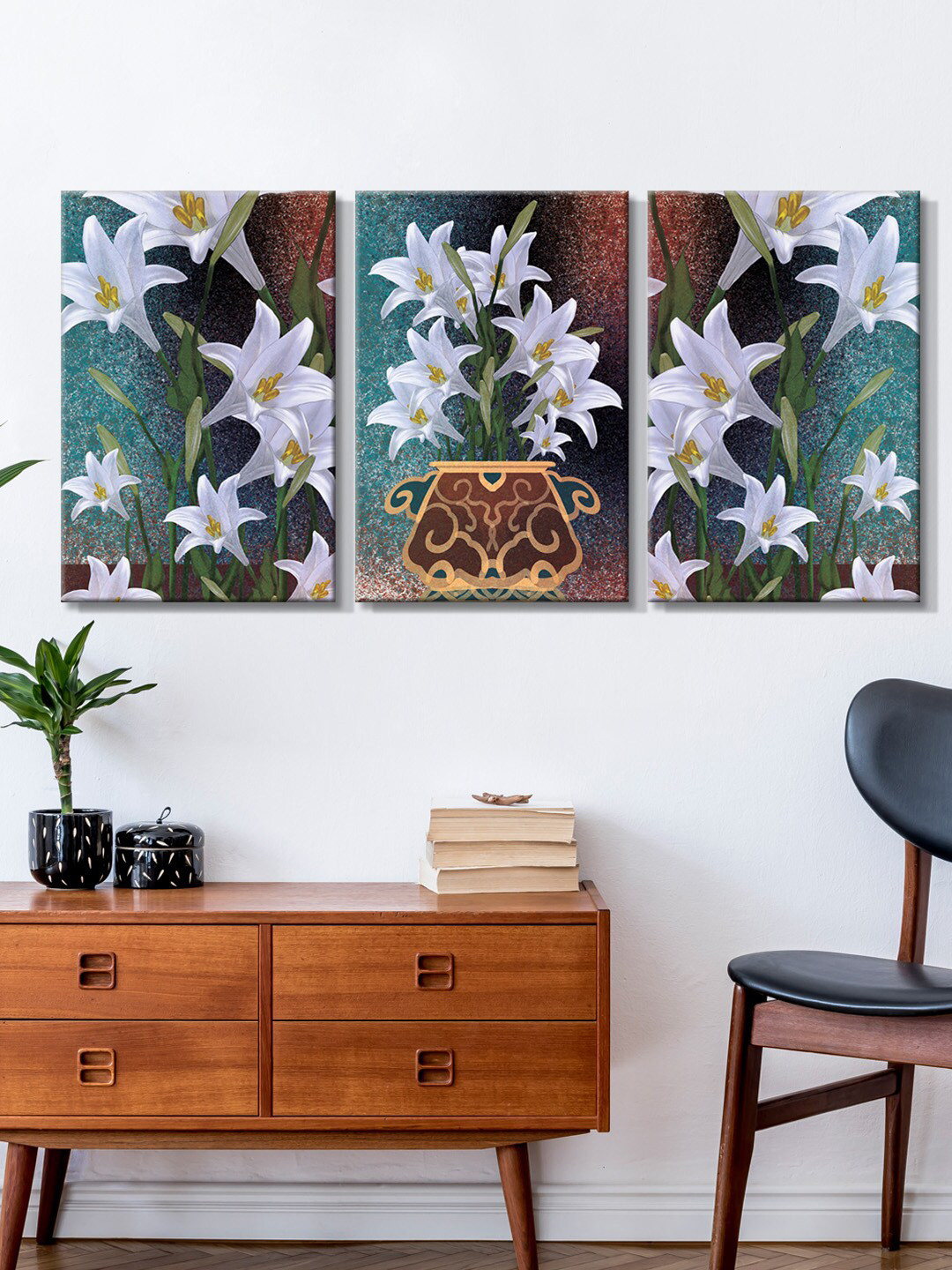 999Store Set Of 3 Green & White Flower Canvas Painting Wall Art