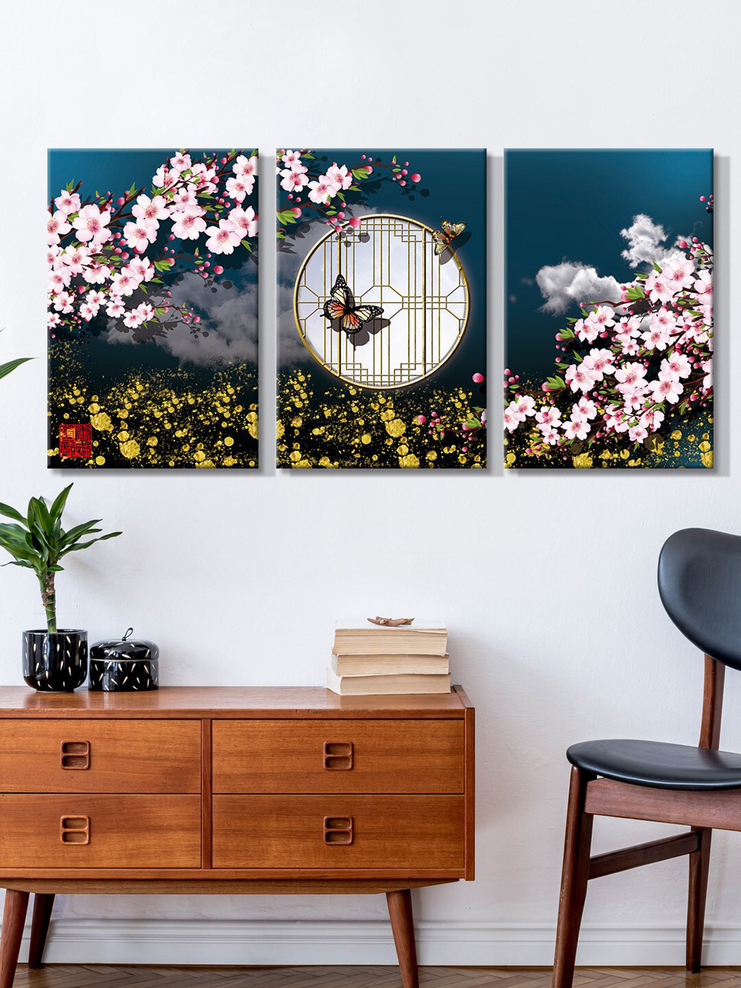 999Store Set Of 3 Blue & Pink Beautiful Flowers With Butterfly Painting Wall Art