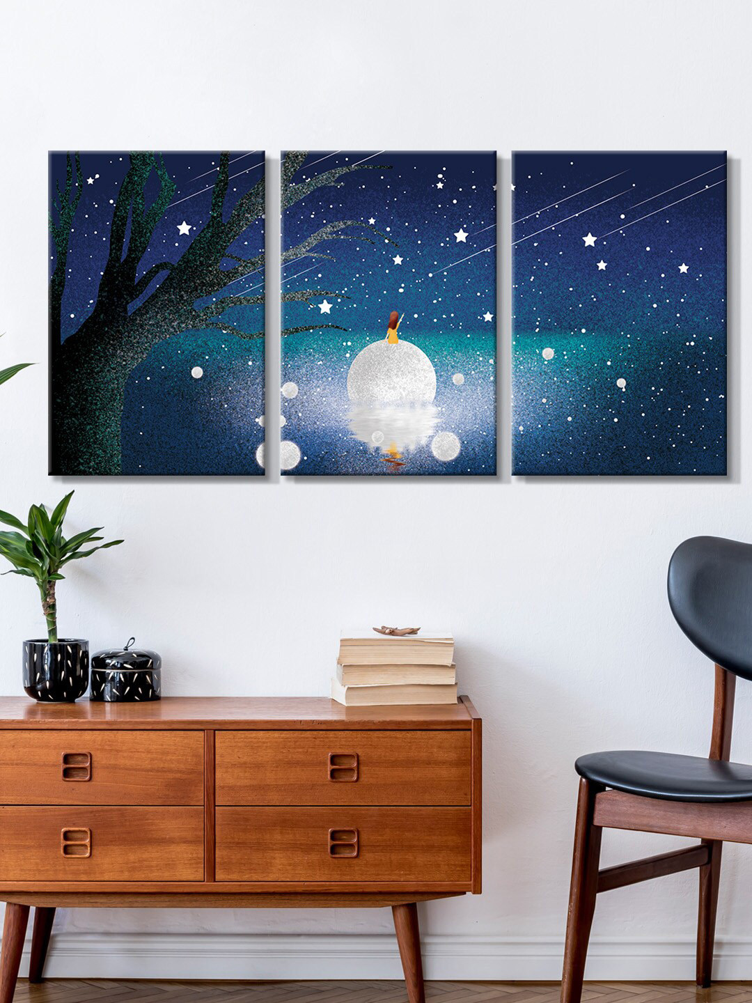 999Store Moonlight With Stars Canvas 3 Piece Wall Rectangle Paintings Wall Art -18 x 34In