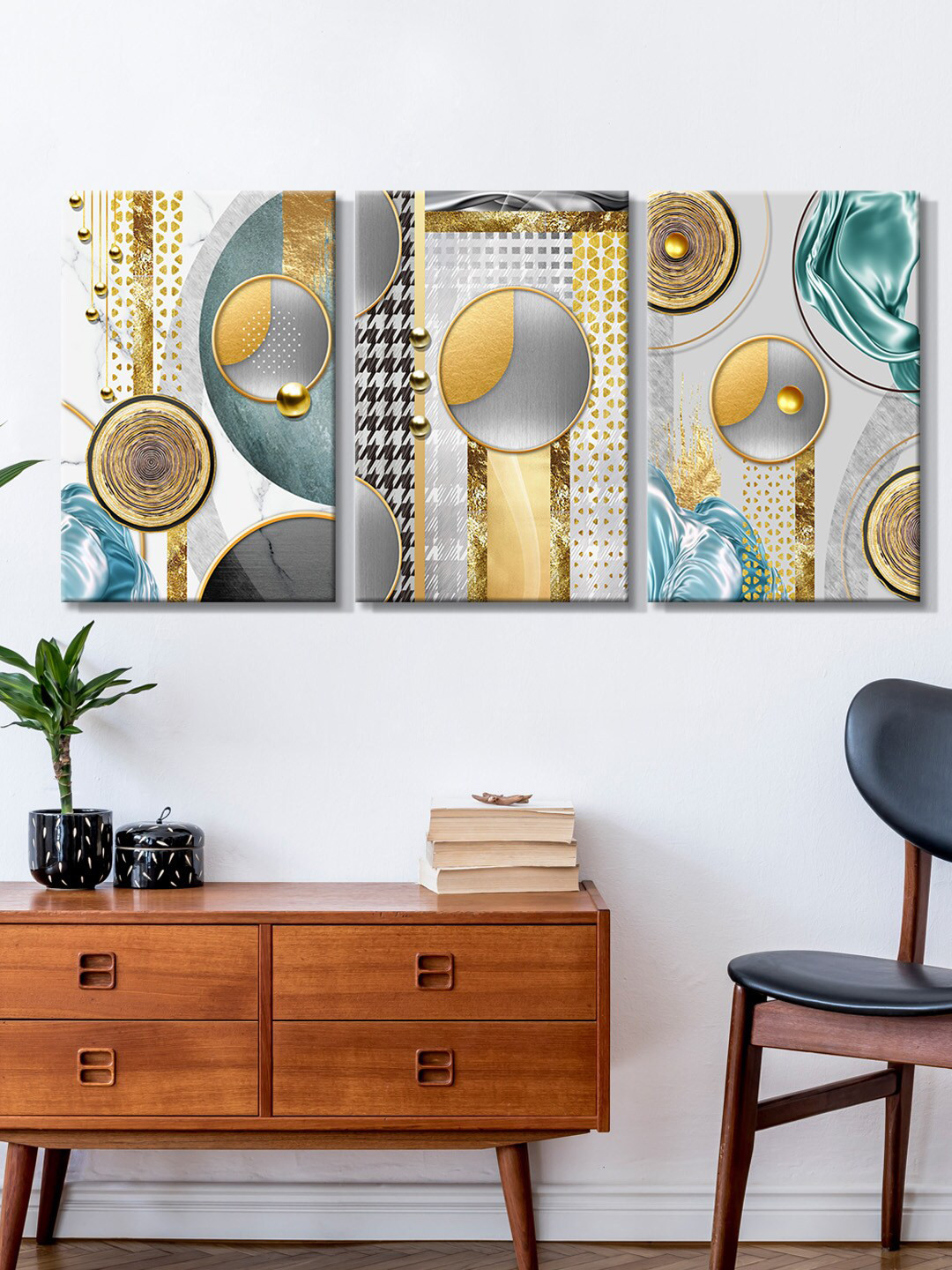 999Store Set Of 3 Grey & Gold-Toned Abstract Circle Canvas Painting Wall Art