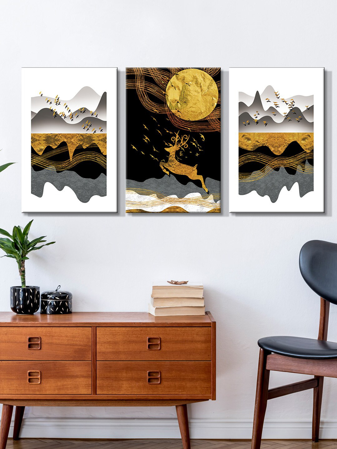 999Store Set Of 3 Gold-Toned & White Abstract Mountain With Deer Painting Wall Art