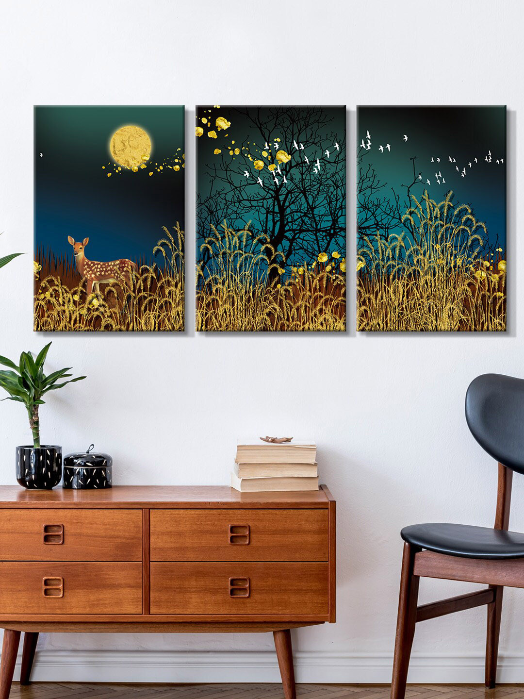 999Store Set Of 3 Blue & Yellow Moonlight On The Forest With Deer Painting Framed Wall Art