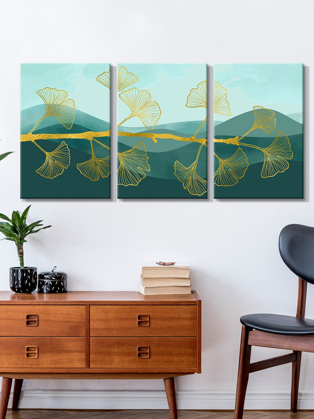 999Store Set Of 3 Green & Blue Floral Abstract Painting Framed Wall Art