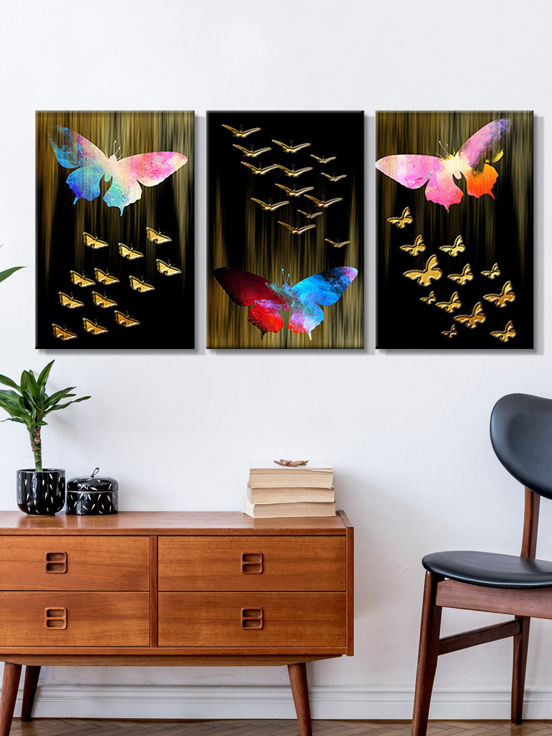 999Store Set of 3 Black & Pink Butterfly Painting Canvas Wall Art