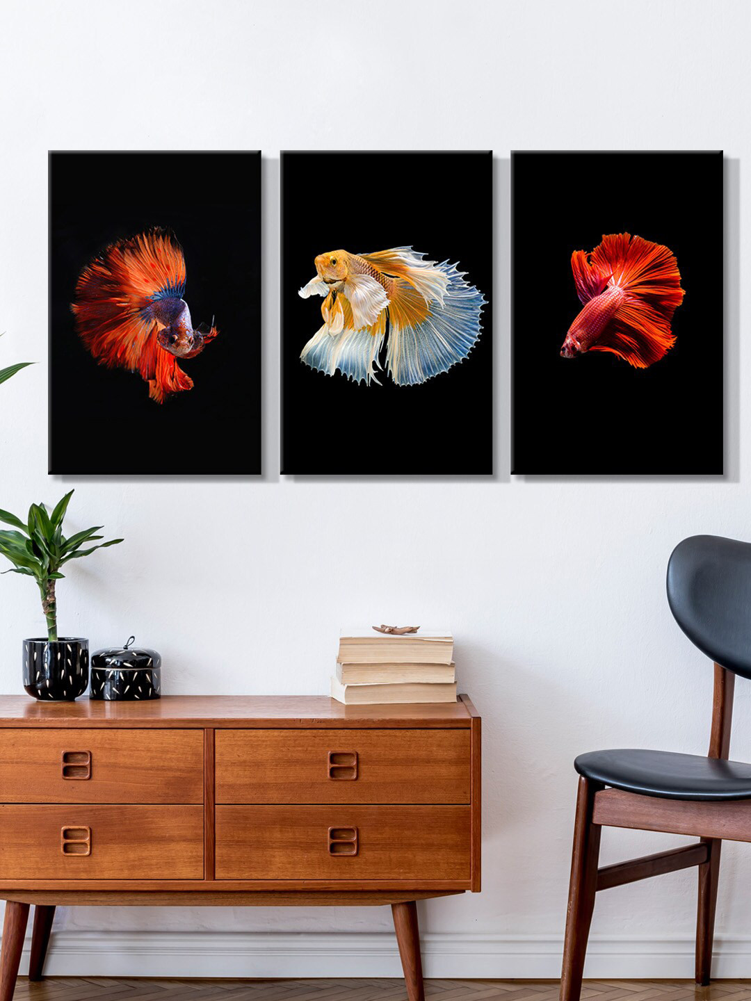 999Store Set Of 3 Black & Red Beautiful Fish Canvas Painting Wall Art