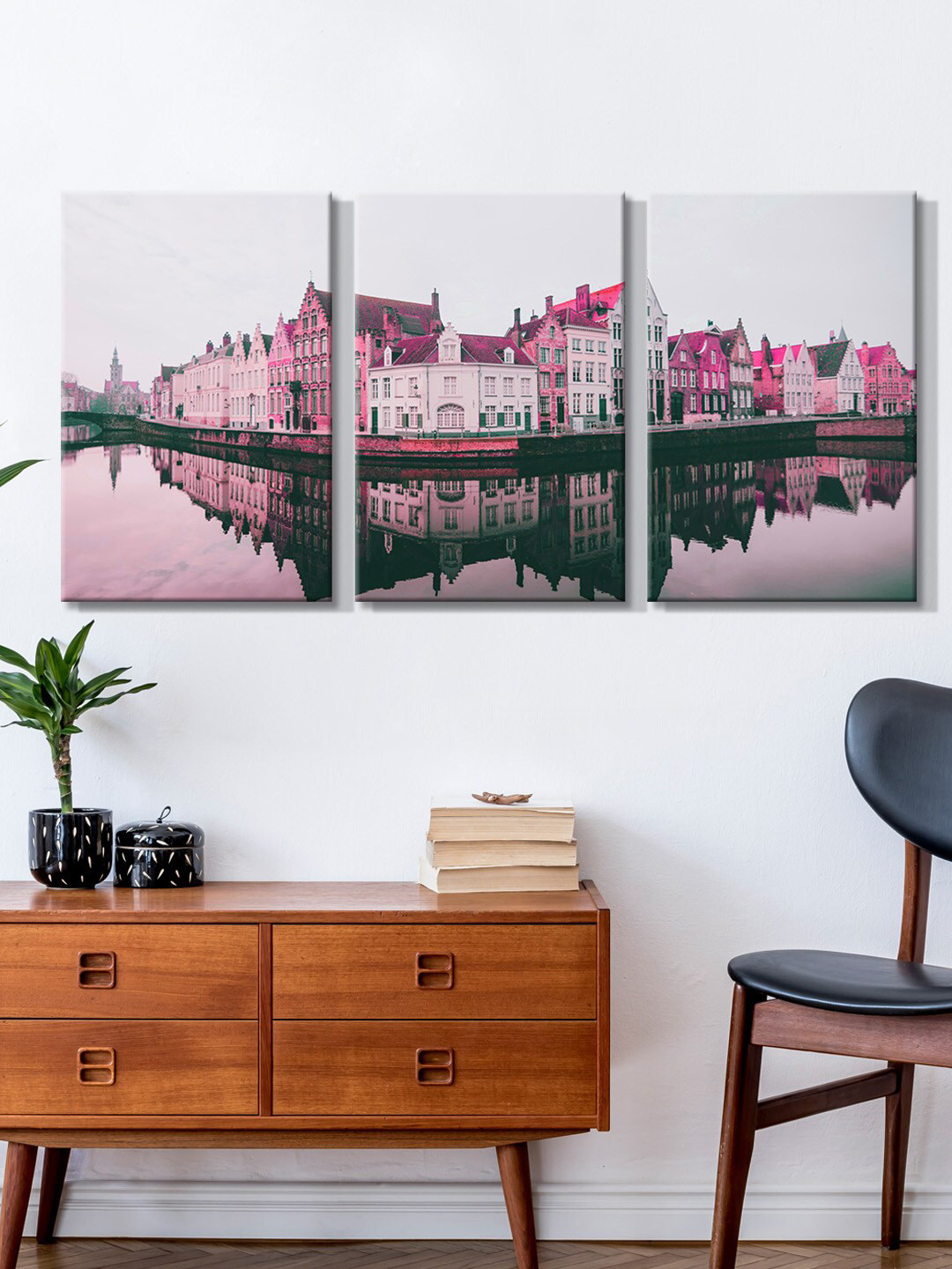 999Store Set of 3 Grey & Pink City View Painting Canvas Wall Art