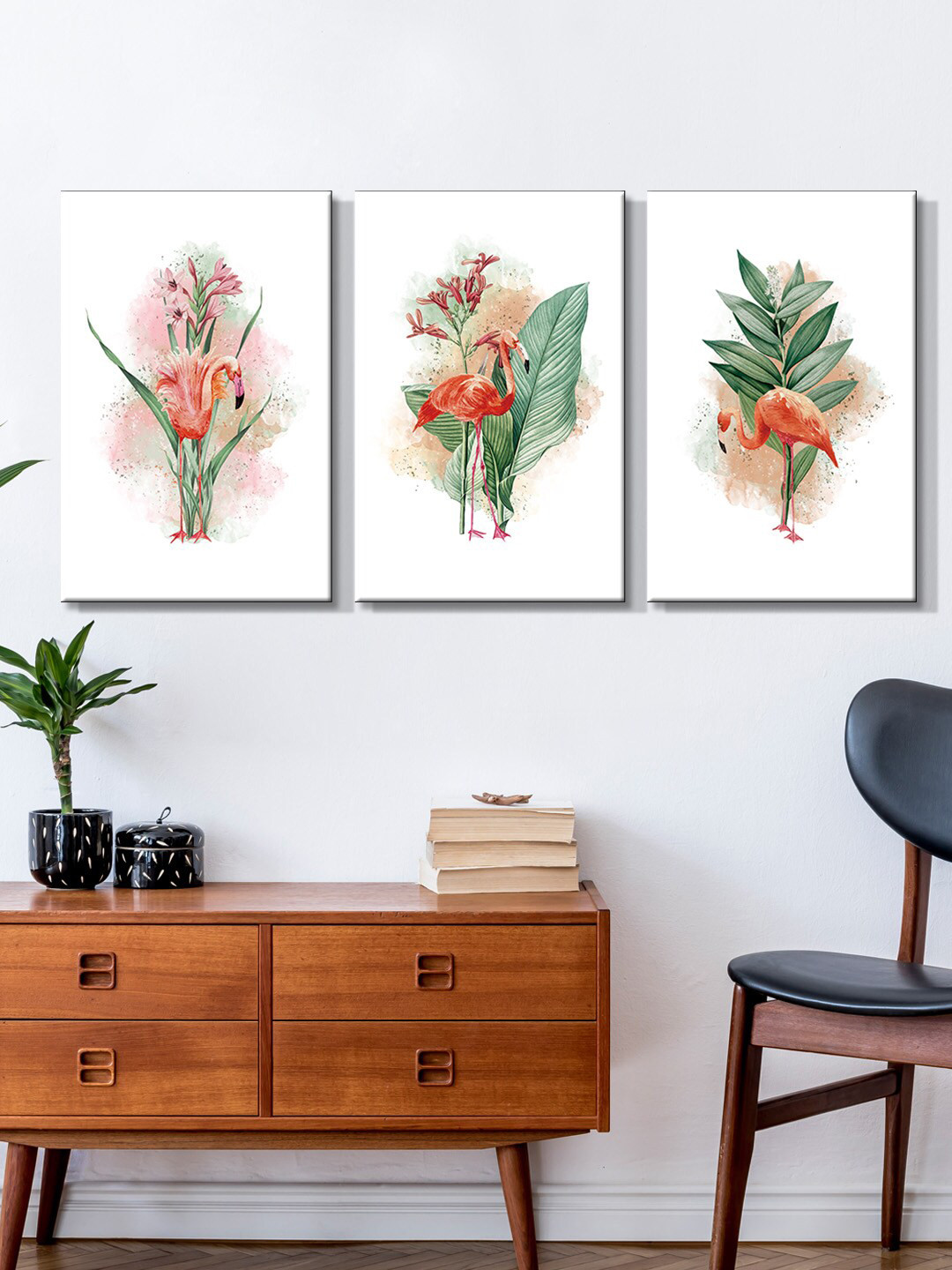 999Store Set Of 3 White & Green Flamingo Birds Painting Wall Art