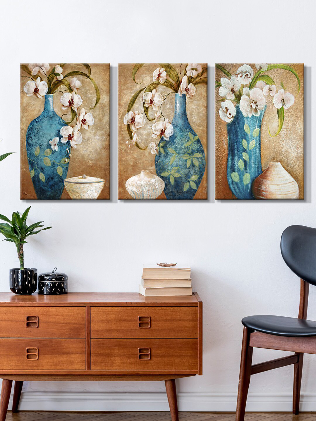 999Store Set Of 3 Brown & Blue Flowers & Pots Canvas Painting Wall Art