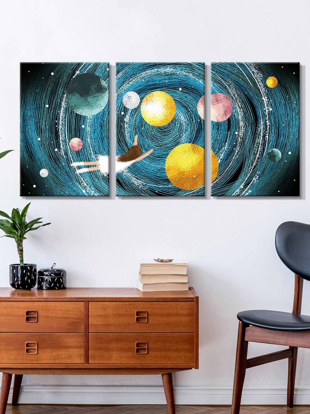 999Store Set Of 3 Blue & Yellow Canvas Painting Wall Art