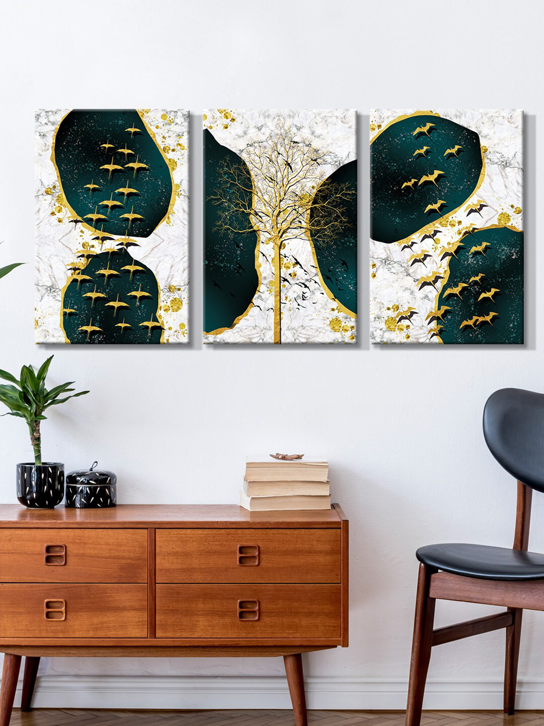 999Store Set Of 3 Multicoloured Tree With Birds Painting Wall Art