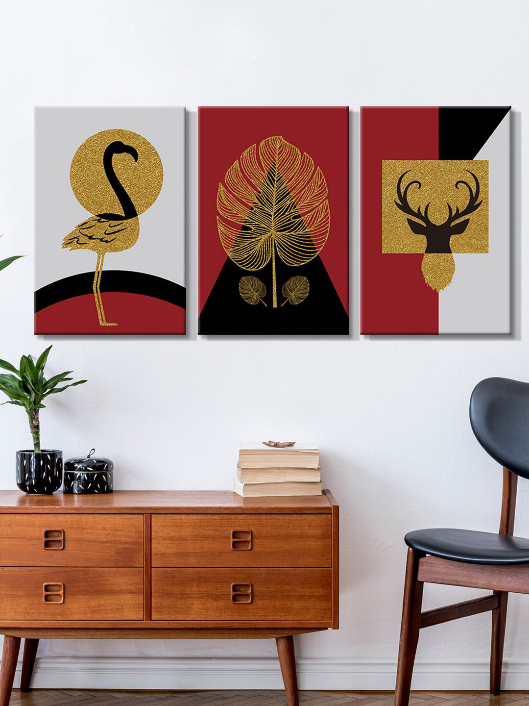 999Store Set Of 3 Red & White Canvas Painting Wall Art