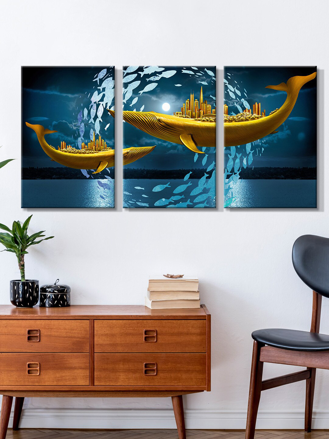 999Store Set Of 3 Blue & Gold-Toned Dolphin City View Canvas Painting Wall Art