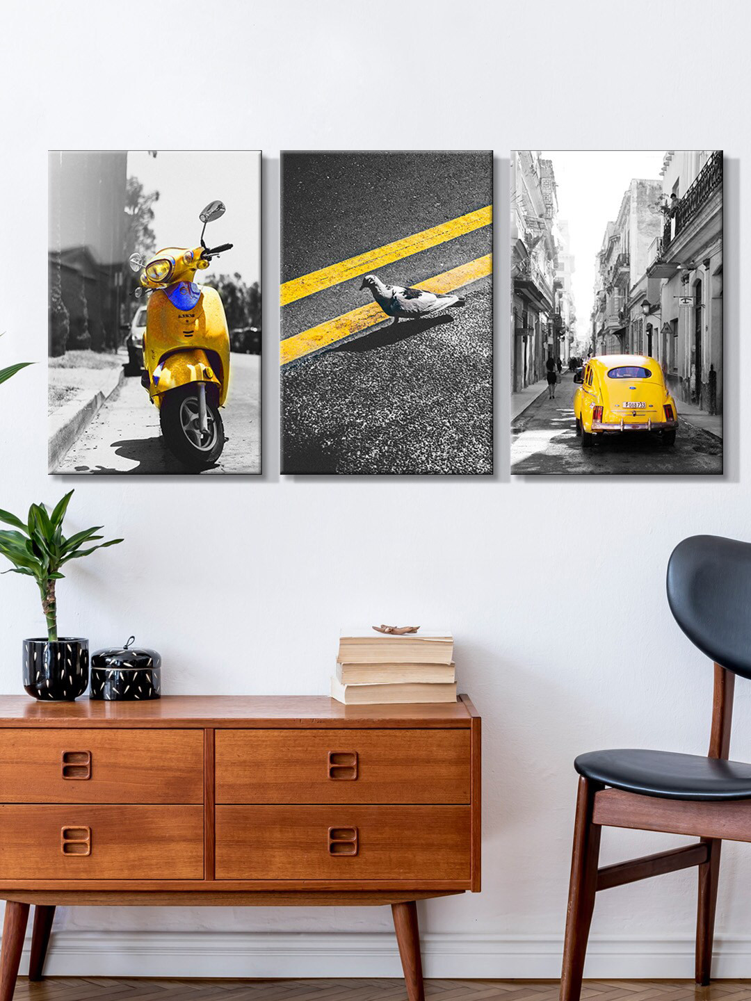 999Store Set Of 3 Grey & Yellow Car With Scooter Canvas Painting Wall Art