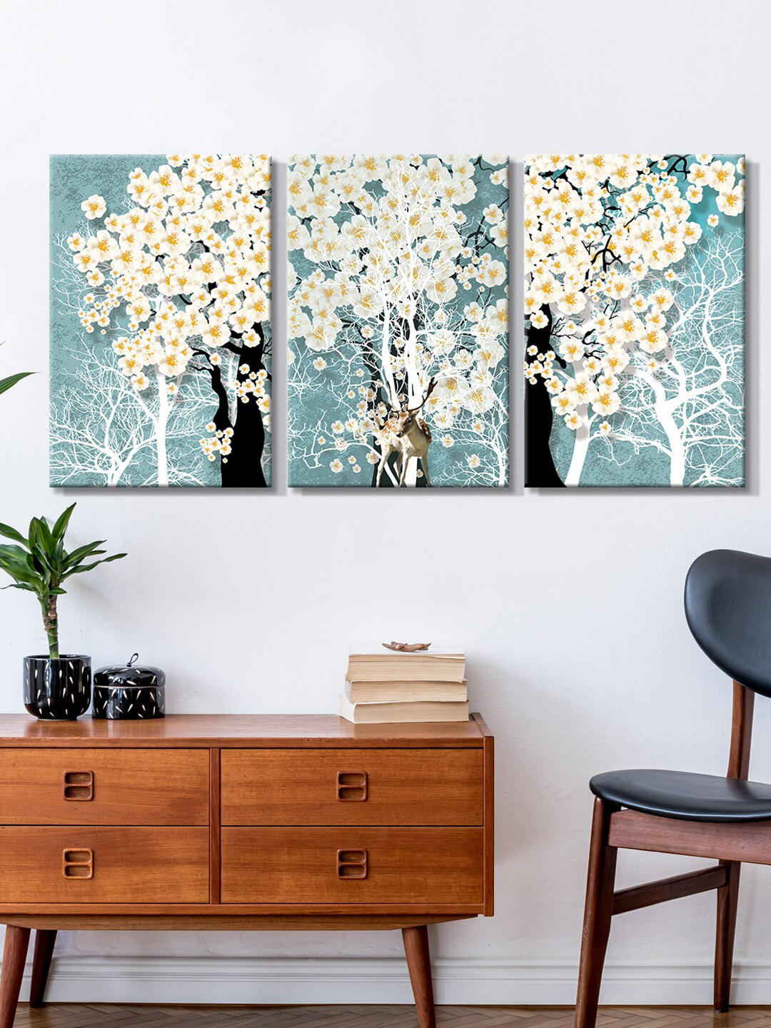 999Store Set of 3 Blue & White Flowers Painting Canvas Wall Art