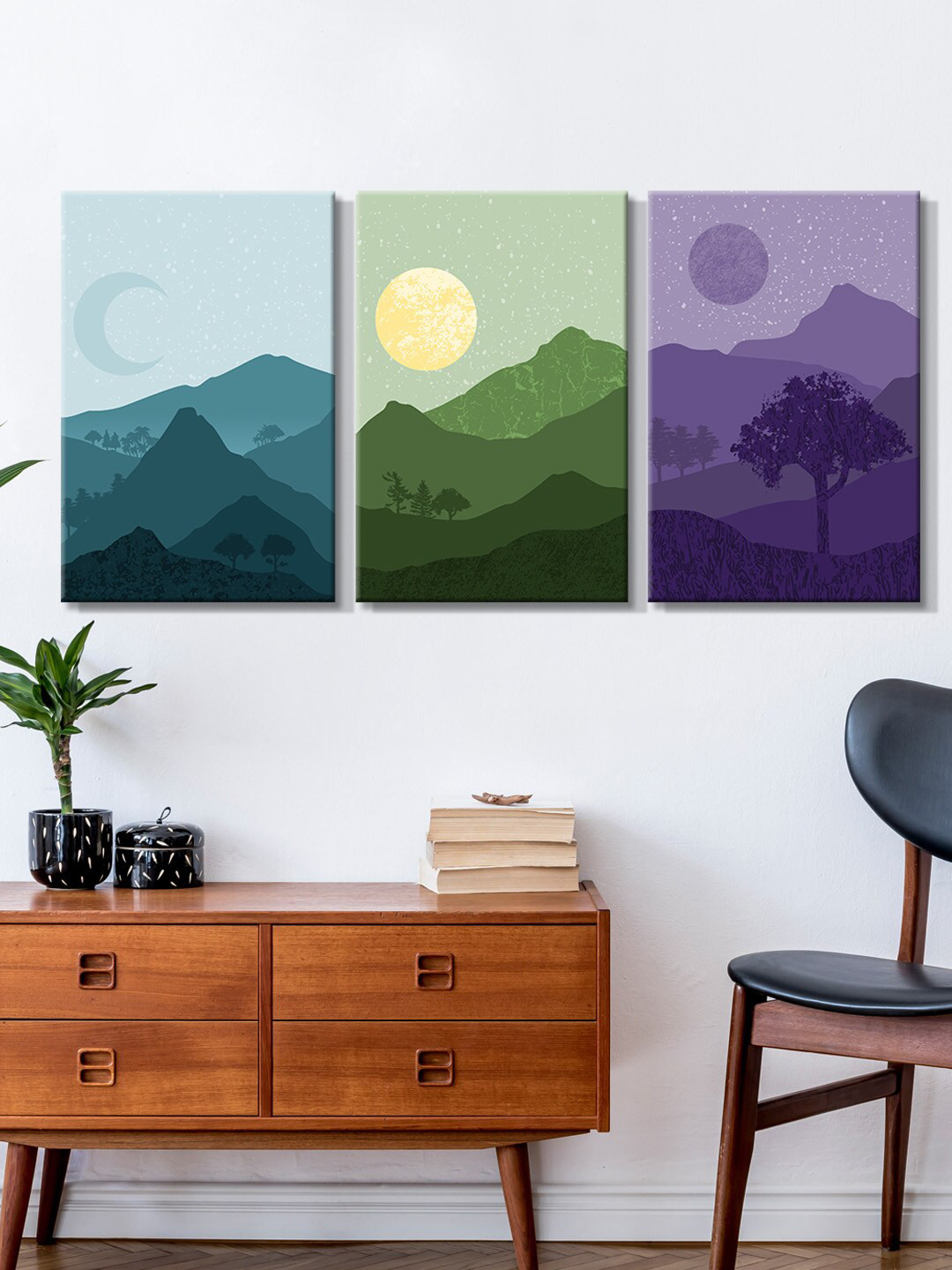 999Store Set of 3 Blue & Green Abstract Mountain Painting Canvas Wall Art
