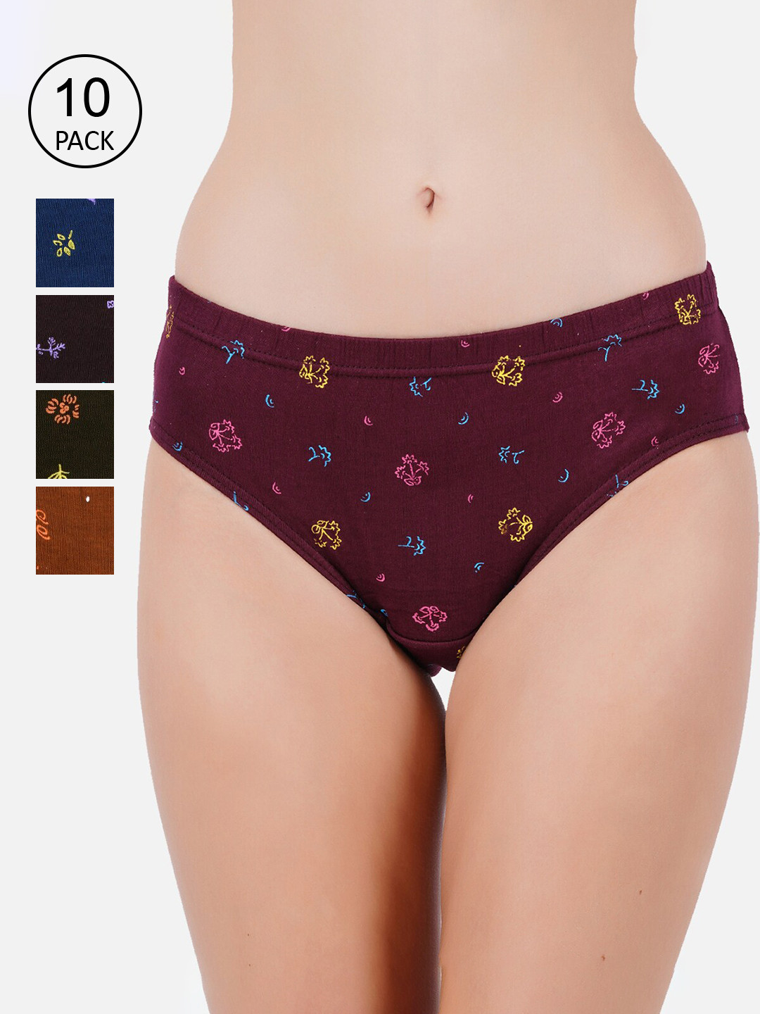 PRIDE APPAREL Women Pack Of 10 Assorted Self Design Mid-Rise Pure Cotton Hipster Briefs