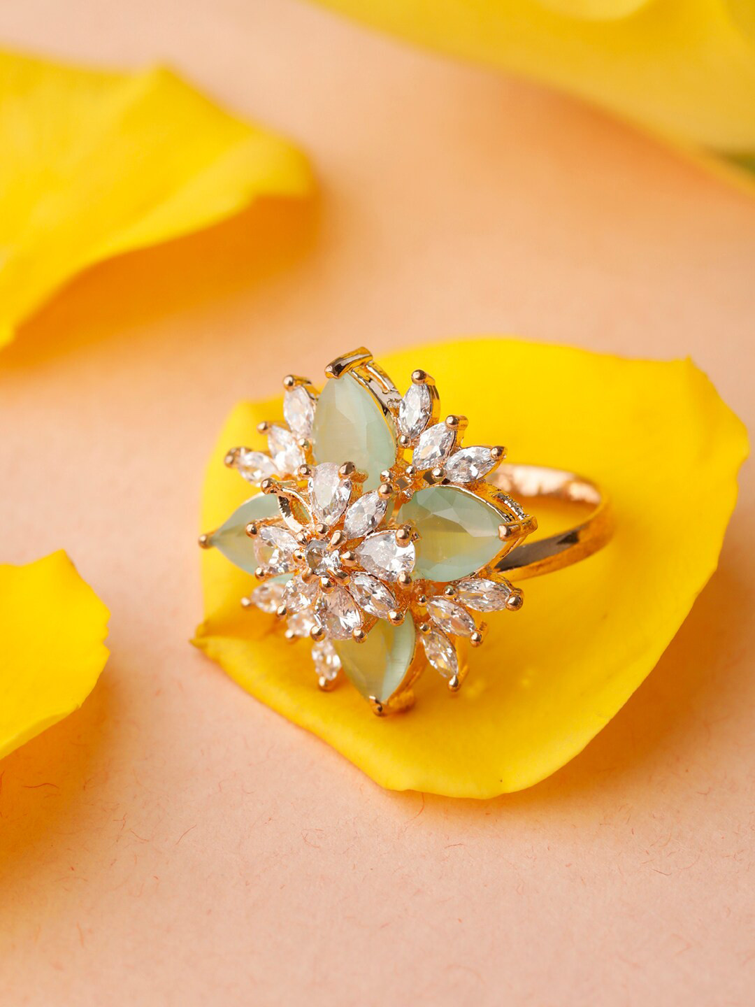 Priyaasi Green Rose Gold-Plated AD-Studded Adjustable Finger Ring