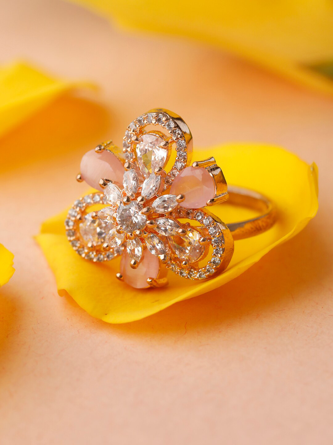 Priyaasi Pink Rose Gold-Plated AD-Studded Adjustable Finger Ring
