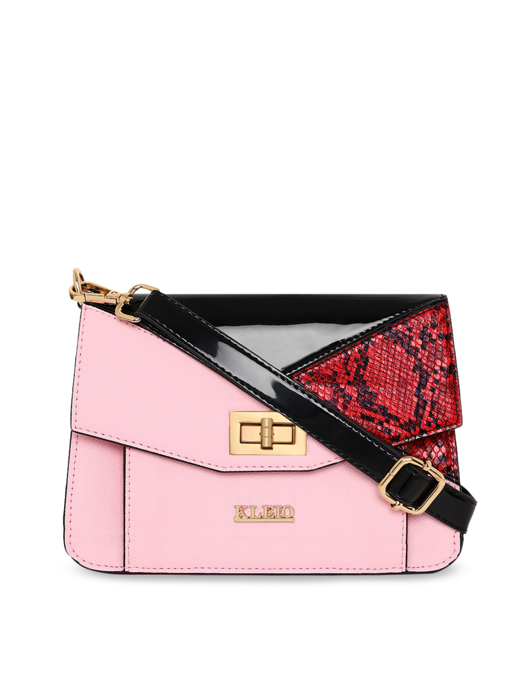 KLEIO Pink & Black Colourblocked Sling Bag with Animal Textured Detail & Sling Strap