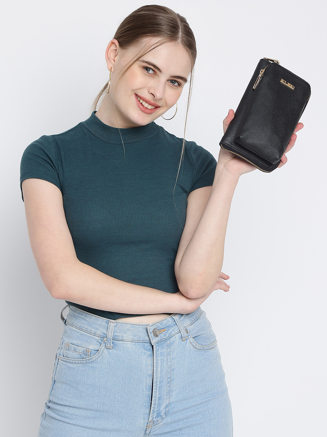 KLEIO Women Black Saffiano Textured Zip Around Wallet with Detachable Sling Strap