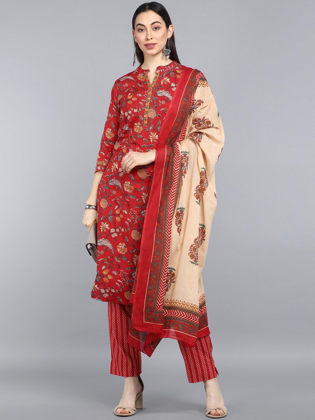 AHIKA Women Red Floral Printed Regular Pure Cotton Kurta with Trouser & Dupatta