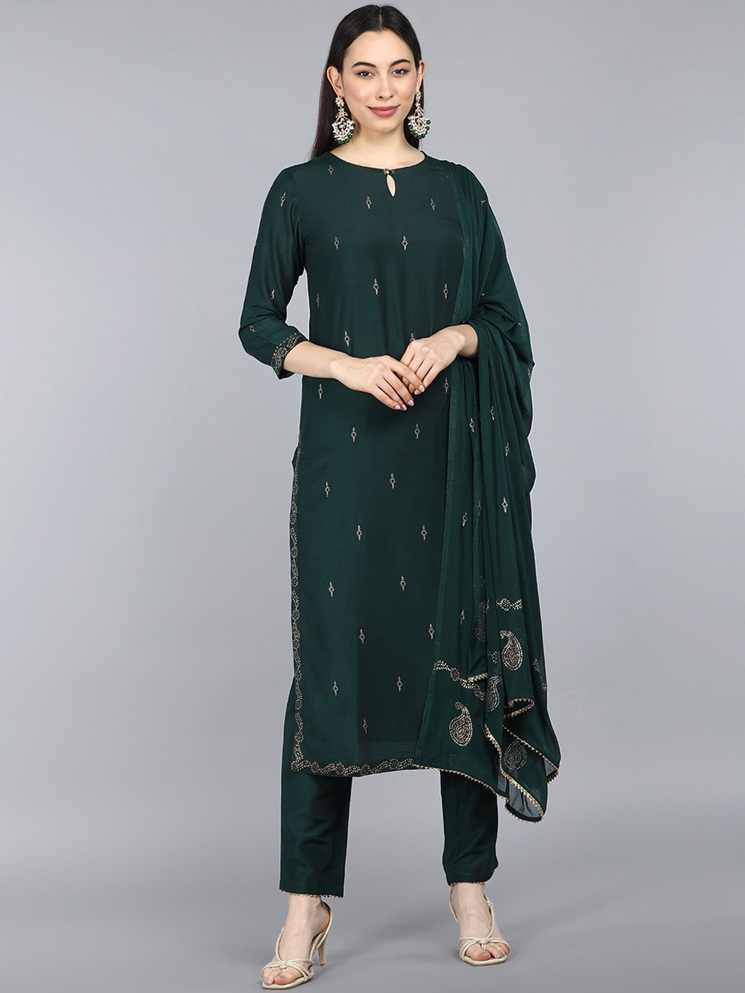 AHIKA Women Green Ethnic Motifs Printed Kurta Set With Dupatta